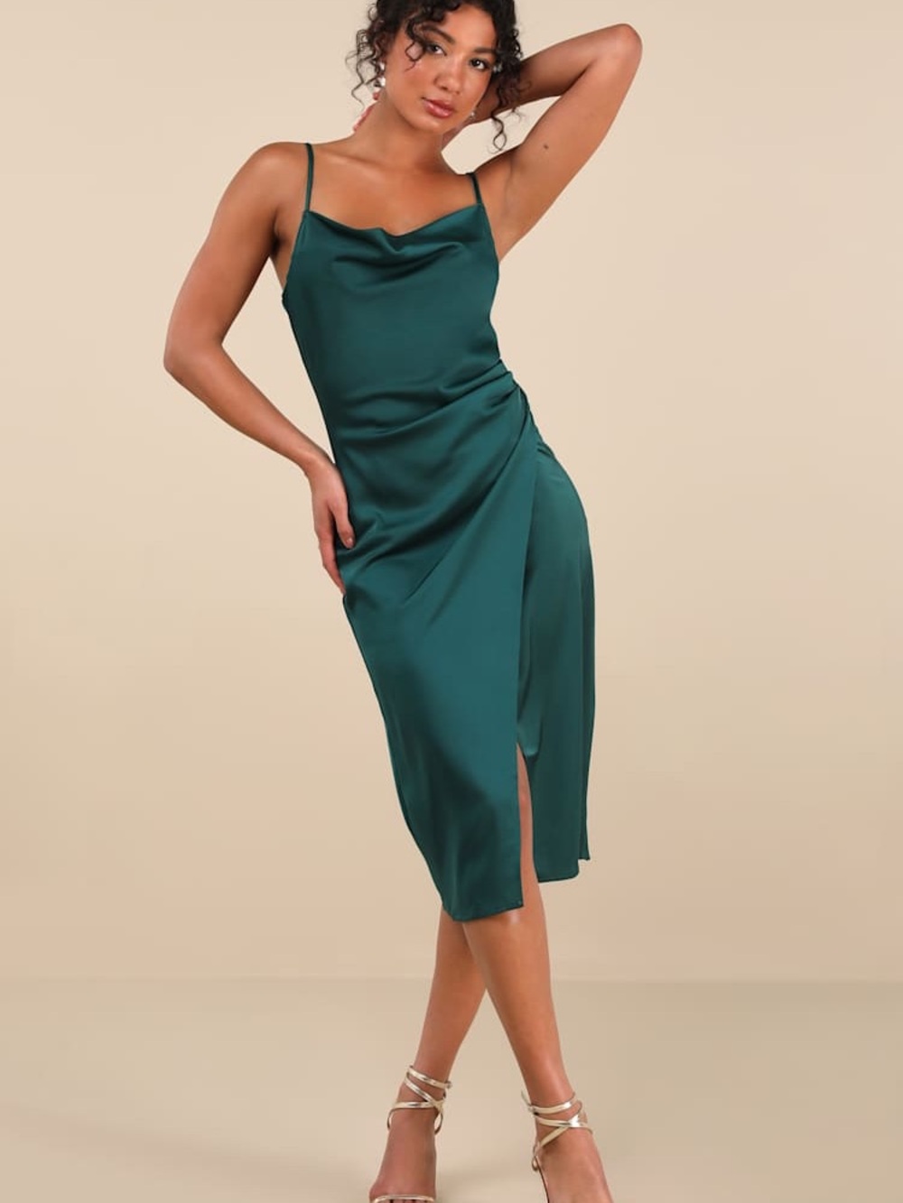 Lulus Hollywood Woman Forest Green Satin Midi Dress